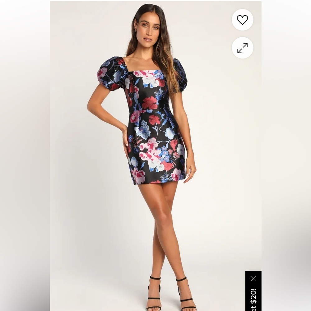 Lulu’s So Stunning Black Multi Floral Jacquard Puff Sleeve Dress Size Large NWT